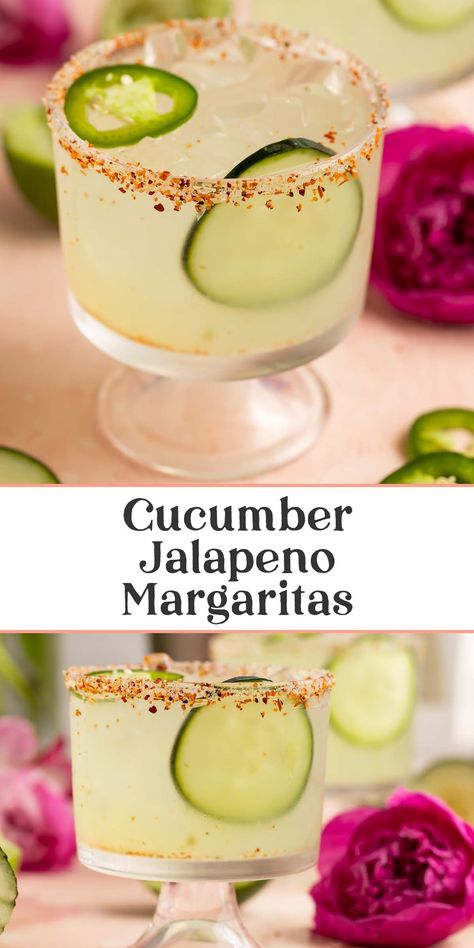 My all-time favorite cocktail is a cucumber jalapeno margarita! Refreshing with a spicy little kick, I've been making these easy summer drinks at home for years. They're perfect for Cinco de Mayo, Labor Day weekend, and every summer party in between. Spicy Cucumber Cocktail, Batch Spicy Margarita Recipe, Jalapeno Cucumber Margarita Recipe, Cucumber Lime Tequila Cocktail, Jalapeno Tequila Drinks, Easy Spicy Margarita Recipes, Cucumber Jalepeno Marg, Jalapeno Margarita Mocktail, Spicy Margarita Pitcher