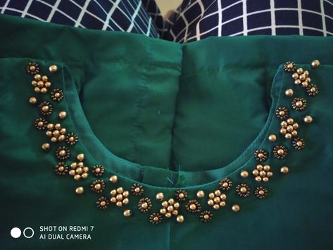 Pattupavada Neck Designs, Simple Beads Design On Kurti, Simple Bead Work Blouse Designs, Simple Beeds Work In Churidhar, Aari Work On Kurti Neck, Simple Beeds Work In Blouse Hand, Beads Work Neck Design, Simple Bead Work On Kurti, Beads Work On Blouse Simple