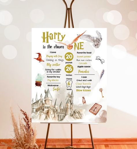 Harry Potter Birthday Chalkboard, The Chosen One First Birthday, Chosen One Birthday, Neutral Template, Harry Potter Theme Birthday, Halloween 1st Birthdays, Digital Sign, Baby Boy 1st Birthday Party, Birthday Babe