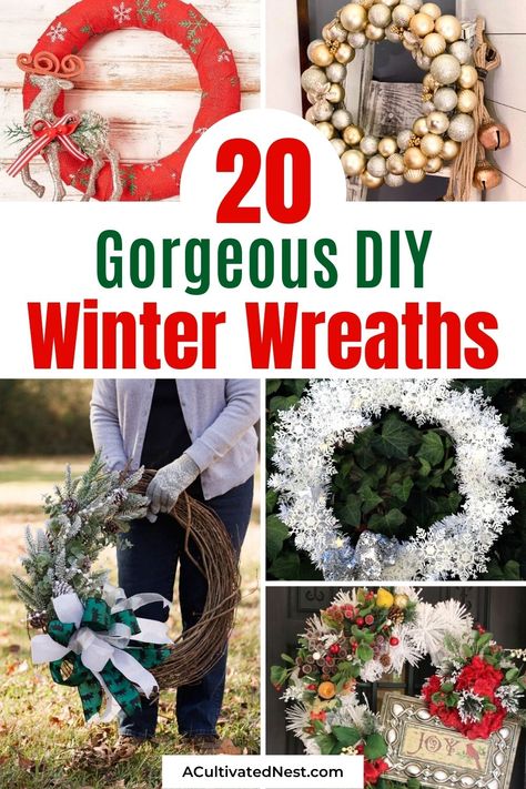 20 DIY Winter Wreaths You Will Love- A fun and frugal way to make your home festive this winter is with one of these 20 DIY winter wreaths! There are so many beautiful homemade wreaths you can make!! | DIY Christmas wreaths, DIY winter décor, #DIY #diyWreaths #winterDecor #wreaths #ACultivatedNest Winter Gnome Wreath Diy, Winter Wreaths For Front Door Diy Simple, January Wreath Ideas Diy Projects, White Wreath Diy, Diy Winter Wreaths, January Wreath Ideas, Diy Snowflake Wreath, January Wreath, Diy Winter Wreath