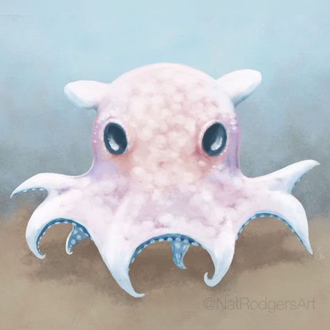 @thatNatRodgers posted to Instagram: What’s your favorite cute (or weird) sea creature?  This dumbo octopus is an oldie, but one of my best selling stickers on my limited RB store. This print doesn’t get to go to many cons due to room, but people do seem to love it when the find it!  #dumbooctopus #octopus #myart #cutecreatures Selling Stickers, Dumbo Octopus, Sea Creature, Find It, Octopus, Water, Blue