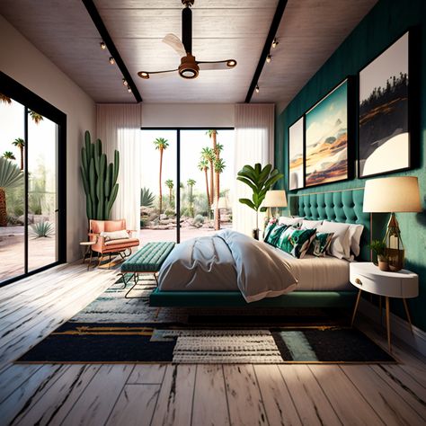 Palm Springs Bedroom, Dark Bedroom Furniture, Teal Bedroom, Spring Vacation, Master Bed, Master Bedrooms, Master Bedding, Bedroom Inspo, Palm Springs