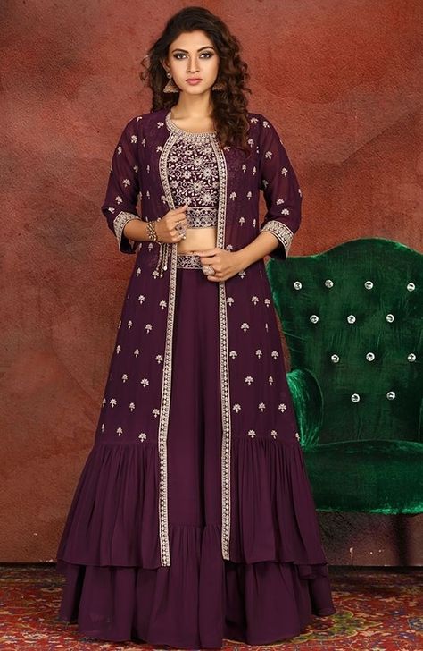 Long Koti, Georgette Crop Top, Top With Sharara, Long Salwar, Frill Saree, Suit With Jacket, Kurti Styles, Western Outfits Men, Classic Dresses