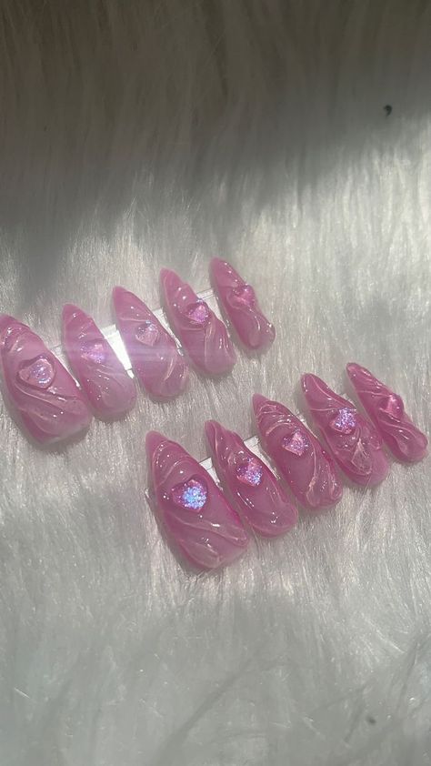 3d Heart Nail Designs, Gel X Press On Nails, Heart Cutout Nails, Pretty Press On Nails, Valentines Nails 3d, Valentines Day Nails 3d, 3d Valentines Nails, Clear Heart Nails, Nails With 3d Hearts