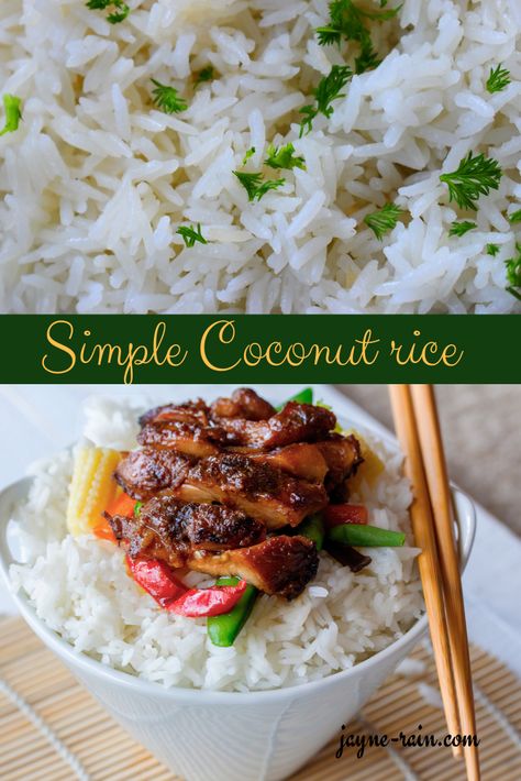 Plain coconut rice (Thai rice) is one of the most straightforward rice recipes I can think of, and various curry dishes go with it. #coconutrice #dinner #sidedishes #ricerecipes Coconut Rice Meals, Thai Coconut Rice, Coconut Rice Recipe, Thai Rice, Creamy Rice, Thai Coconut, Cooking White Rice, Curry Dishes, Coconut Rice