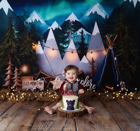 Mountain Theme Cake Smash, Camping Cake Smash, One Happy Camper Cake Smash, One Happy Camper Photo Shoot, Cake Smash Theme Boy, Smash Cake Photoshoot Boy, One Happy Camper Smash Cake, Boy Cake Smash Ideas, Woodland Cake Smash