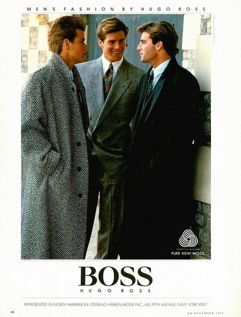 Hugo Boss - 1985 Fall/Winter - Database & Blog about classic and stylish male imagery Yuppie Fashion, 80s Fashion Men, Men In Suits, Mens 80s, Hugo Boss Suit, Grey Suits, Fashion 1980s, 80s Fashion Trends, Fashion Hippie