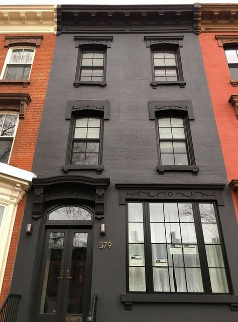 Black Homes Gone Mainstream | Blog| brick&batten Apartment Exterior Design, Apartment Building Exterior, Terrace House Exterior, Painted Brick Exteriors, Nyc Townhouse, Black Building, Townhouse Exterior, Apartments Exterior, Apartment Exterior