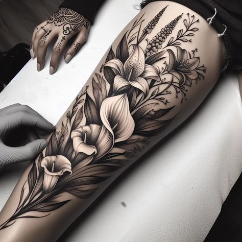 Leg Tattoos To Cover Veins, Black Lillies Tattoo, Lilly Leg Tattoos Women, Hip Tattoo Cover Up Ideas, Large Cover Up Tattoos For Women Arm, Cala Lillies Tattoo, Alcatraz Flower Tattoo, Black Coverup Tattoo, Large Fine Line Tattoo