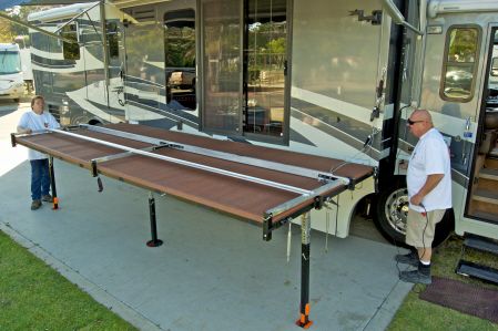 add a deck to my rv.com Portable Rv Deck, Rv Decks, Camper Deck, Rv Deck, Portable Deck, Rv Conversion, Porch Exterior, Rv Traveling, Rv Inspiration