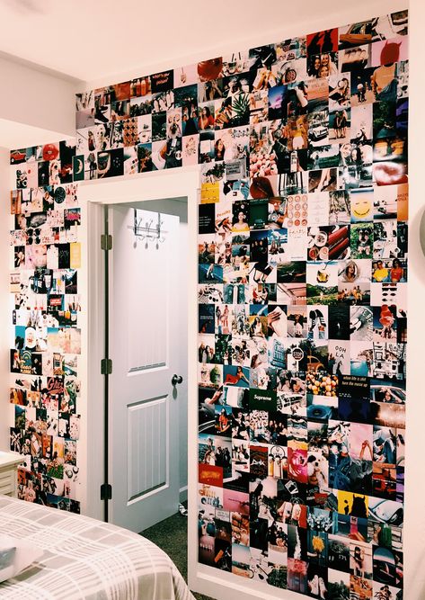 Full Photo Wall, Picture Door Ideas, Art To Put On Your Wall, Cute Picture Wall Ideas Bedroom, Wall Collage Inspo Bedroom, Mirror With Pictures Around It, Photowall Ideas Bedroom, Basic Room Aesthetic, Pic Collage On Wall