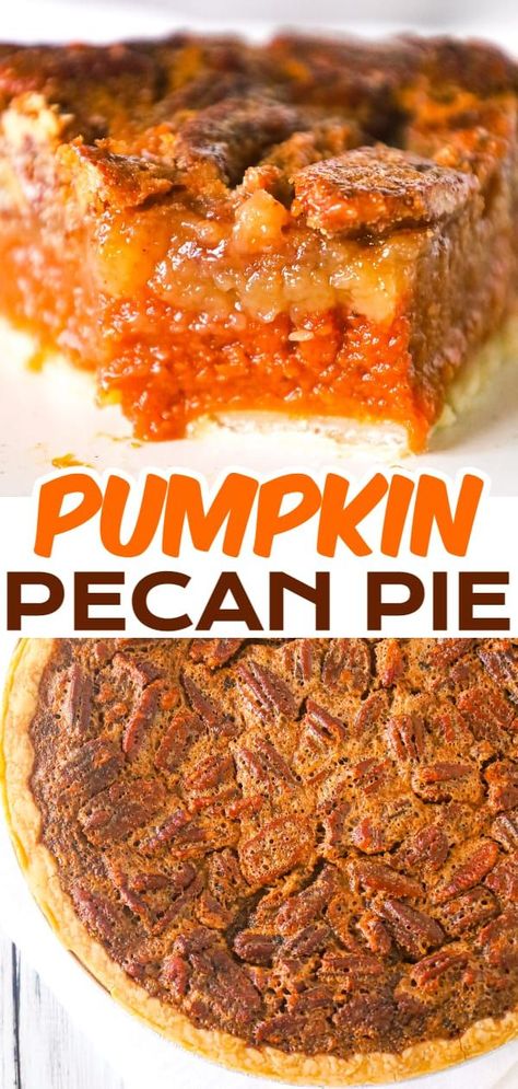 Pumpkin Pecan Pie Recipe, Pecan Pumpkin Pie, Pecan Pumpkin, Store Bought Pie Crust, Pumpkin Pecan Pie, Averie Cooks, Pumpkin Spice Syrup, Pecan Pie Recipe, Favorite Pie