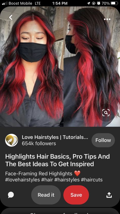 Black And Red Peak A Boo Hair, Top Half Black Bottom Half Red Hair, Red Front Hair Strands, Front Pieces Of Hair Dyed Red, Black Hair With Red Front Pieces, Black Hair Red Money Piece, Black Hair With Red Money Piece, Red Face Framing Highlights, Peak A Boo Highlights Brunettes