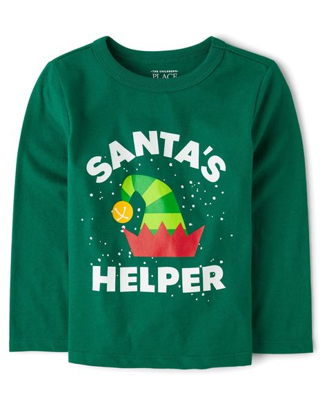 Baby And Toddler Boys Christmas Long Sleeve Santa's Helper Graphic Tee - PARK BENCH GREEN | The Children's Place Hat Graphic Design, Diy Christmas Shirts, Back To School Uniform, Santa Helper, Elf Hat, Boys Graphic Tee, Cotton Farming, Baby Pajamas, Baby And Toddler