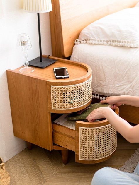 Small Side Cabinet, Mini Bedside Table, Rattan Bedroom, Nightstand Design, Bedroom Closet Storage, House Interior Design Styles, Bedside Table Design, Small Bedside, Small Bedside Table