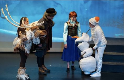 Olaf Puppet, Oaken Frozen, Snow Chorus Frozen Jr, Frozen Jr Costumes Townspeople, Sven And Olaf, Frozen Jr Musical Set Design, Frozen Musical Broadway, Olaf And Sven, Frozen Musical