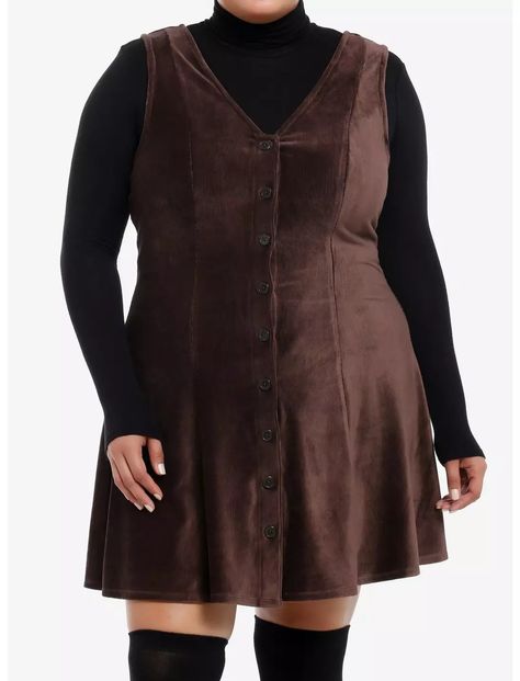 Thorn & Fable Brown Corduroy Tank Dress Plus Size Simple Dress Plus Size, Gathered Bust Dress, Plus Size Dark Academia Fashion, Turtleneck Dress Layering, Brown Sweater Dress Outfit, Brown Corduroy Dress, Corduroy Dress Outfit, Plus Size Alt, Plus Size Alt Fashion