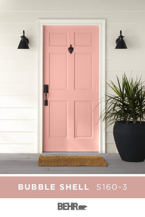 From the interior doors of your home to the exterior, it’s easy to add a pop of color to your space with BEHR® Paint in Bubble Shell, Light Drizzle, Back to Nature, or Battleship Gray. These fun and timeless tones are sure to make every door feel welcoming and inviting. Click below for more color details to learn more. Pink Front Door, Pink Paint Colors, Behr Colors, Behr Paint Colors, Door Paint Colors, Behr Paint, Pink Door, Painted Front Doors, Front Door Colors