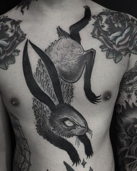 Blackwork Rabbit Tattoo, Rabbit Back Tattoo, Dark Rabbit Tattoo, Rabbit Chest Tattoo, Blackwork Back Tattoo, Dark Rabbit, Rabbit Tattoo, Bunny Tattoos, Rabbit Tattoos