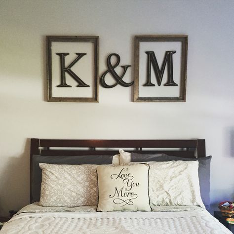 My husband's cousin helped me with this and I LOVE it. Everything for under $40 at Hobby Lobby :) Room Decoration For Newly Married Couple, Hobby Lobby Ideas, Cute Couple Signs For Bedroom, Hobby Lobby Bedroom, Mr & Mrs Bedroom Decor Ideas, Above The Bed Couple Signs, Couple Bedroom Quotes Wall Decor, Home Letters, Wall Decor Above Bed