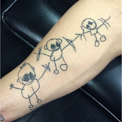 Adorable ideas for tattoos if you have kids -- get their artwork inked on you! #TattooIdeas #Moms Stick Figure Tattoo, Twin Tattoos, Kid Drawing, Kunst Tattoos, Men Tattoos, Mother Tattoos, Shark Tattoos, Incredible Tattoos, Drawing Tattoo