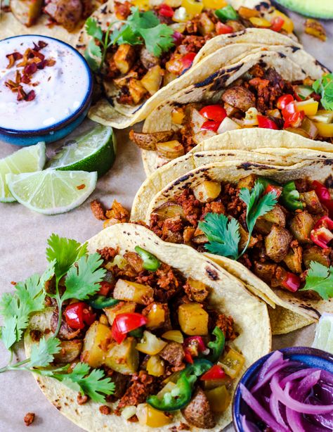 Easy Trader Joe's Soy Chorizo and Potato Tacos - Mom Under Pressure Soy Chorizo Recipes, Chorizo Recipe, Chorizo Tacos, Soy Chorizo, Taco Filling, Vegan Chorizo, Chorizo And Potato, Chorizo Recipes, Vegetarian Mexican