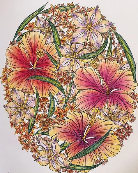 Maggie Enterrios Flowerscape, Flowerscape In Paradise, Flowerscape Coloring Book Finished Pages, Flowerscape Coloring, Maggie Enterrios, Leila Duly, Coloring Inspiration, Colored Flowers, Coloring Book Art