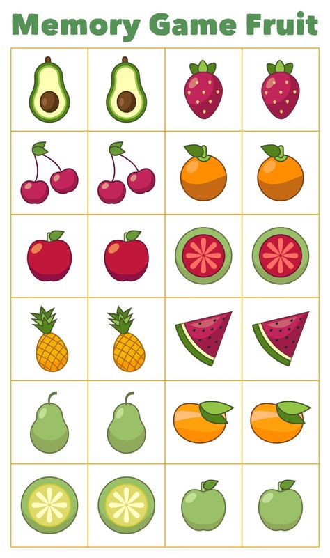 Healthy Food Activities For Preschool, Game Fruit, Printable Games For Kids, Memory Match Game, Aktiviti Kanak-kanak, Memory Games For Kids, Matching Pairs, Working Memory, Visual Memory