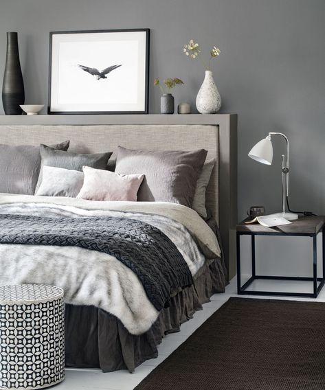 Grey bedroom ideas – grey bedroom decorating – grey colour scheme Grey Bedroom Paint, Dark Gray Bedroom, Grey Bedroom Design, Grey Bedroom Furniture, Grey Bedroom Decor, Bedroom Minimalist, Grey Headboard, Gray Walls, Grey Room