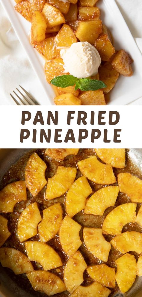 This easy pan fried pineapple requires only 4 ingredients and is ready in 10 minutes. Serve it with ice cream for a delicious dessert or as a side to a savory dish. Recipe With Pineapple Chunks, Fresh Pineapple Recipes, Pineapple Dessert Easy, Fried Pineapple, Pineapple Snack, Cooked Pineapple, Side Dishes For Ham, Pineapple Dessert Recipes, Baked Pineapple