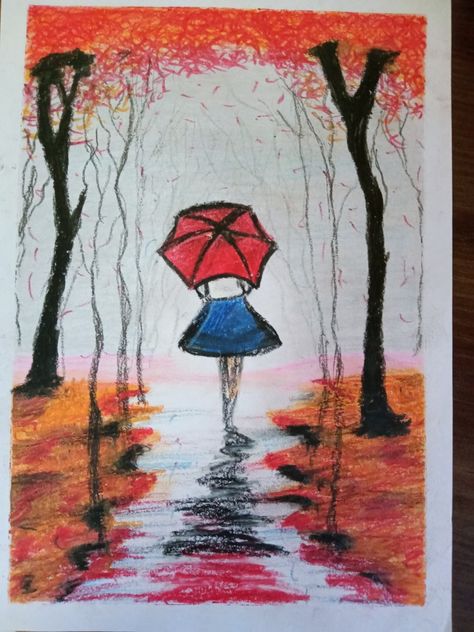 Drawing With Oil Pastels, Crayon Art, Oil Pastels, Beautiful Drawings, Girl Drawing, Oil Pastel, Rainy Day, Painting Ideas, Crayon