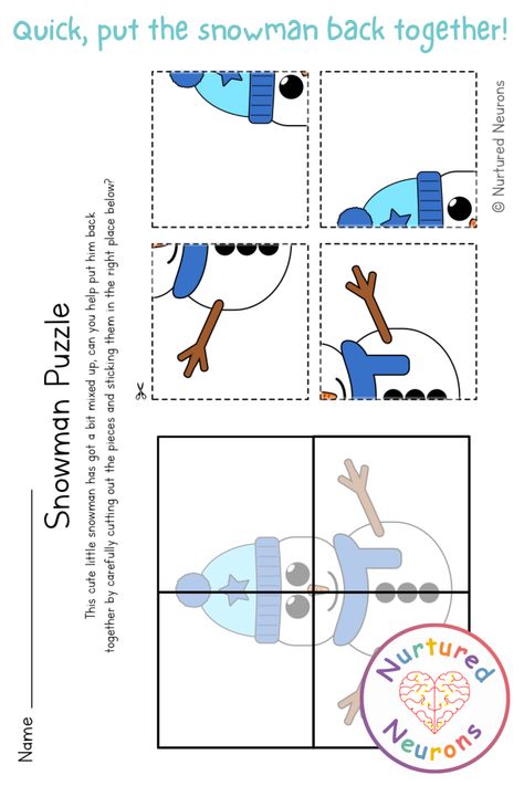 Snowman Puzzle, Preschool Winter Worksheets, Winter Worksheet, Puzzle Preschool, Printable Snowman, Cut And Paste Worksheets, Snow Activities, Winter Kindergarten, Winter Activities For Kids