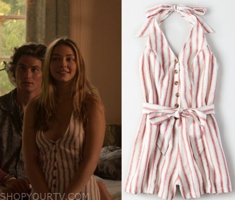 Outer Banks: Season 1 Episode 6 Sarah's Striped Halter Playsuit | Shop Your TV Sarah Outer Banks Outfits, Sarah Outer Banks, Pogue Style, Outfit Outer, Outer Banks Outfits, Surfergirl Style, Outer Banks Style, Sarah Cameron, Movie Inspired Outfits