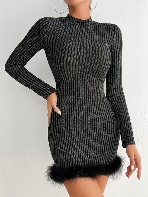 Black Elegant Collar Long Sleeve Knitted Fabric Plain Bodycon Embellished Medium Stretch  Women Clothing Men's Beauty, Petite Dresses, Long Sleeve Knit, Fur Trim, Dress P, Classy Outfits, Mock Neck, Women Clothing, Knitted Fabric