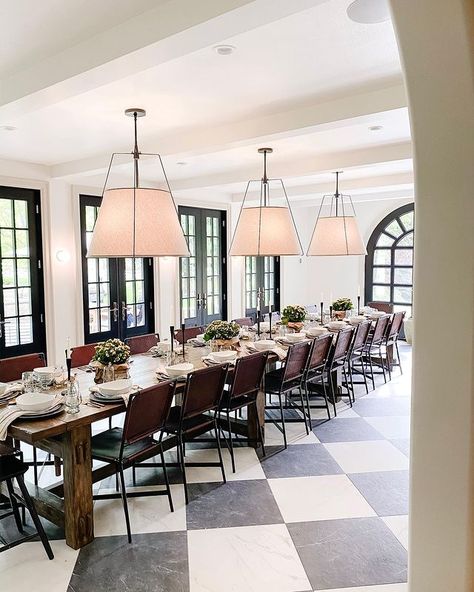 JULIA MARCUM · homebody 🏡 (@chrislovesjulia) • Instagram photos and videos Checkered Tile Floor, Dining Room Lighting Over Table, Creative Lighting Ideas, Checkered Tile, Dining Room Updates, Build A Table, Casual Dining Rooms, Creative Lighting, Dining Room Walls