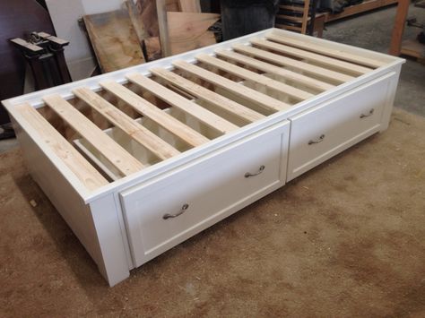 Twin storage bed Plywood Beds, Plywood Bed Designs, Diy Platform Bed Frame, Bed Tables, Twin Storage, Twin Storage Bed, Boys Game Room, Small Bedroom Interior, Diy Loft Bed