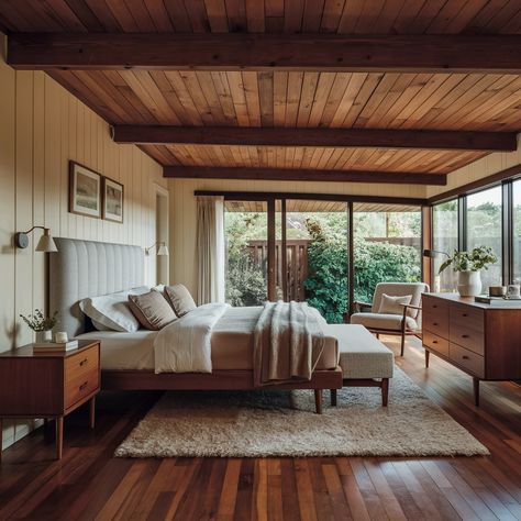 Mid-century modern interiors for the perfect blend of retro and chic! 🪑 What’s your go-to design era? #midcenturymodern #midcenturyfurniture #interiordesign #design #midcenturystyle #inspiration Let us know! Mid Century Modern Wood Ceiling, Mid Century Modern Cottage, Modern Wood Floor, Modern Wood Floors, Mid Century Bedroom, Calming Bedroom, Mid Century Modern Wood, Serene Bedroom, Mid Century Modern Interiors