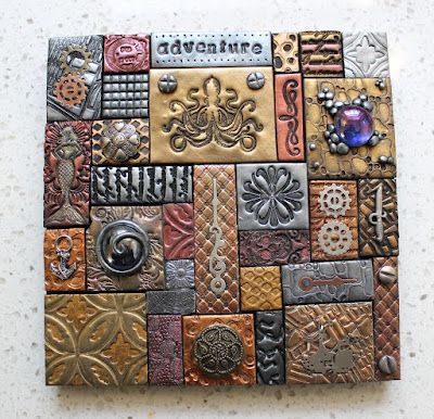 Polymer Clay Tiles, Clay Mosaic, Tile Adhesive, Mosaic Tile Designs, Mixed Media Mosaic, Metal Embellishments, Lee Ann, Tile Mosaic, Play Clay