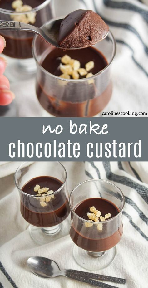 Sometimes you just need a rich, decadent dessert and this no bake chocolate custard is an easy solution. The little bites of candied ginger are the perfect touch to make every mouthful sparkle. Plus it's made ahead for easy serving too. #makeaheaddessert #nobake #dessert #chocolate Baked Chocolate Custard, Chocolate Custard Pudding, Custard Desserts Easy, Chocolate Custard Recipe, Interesting Desserts, Crystalized Ginger, Nobake Dessert, Custard Recipe, Homemade Custard