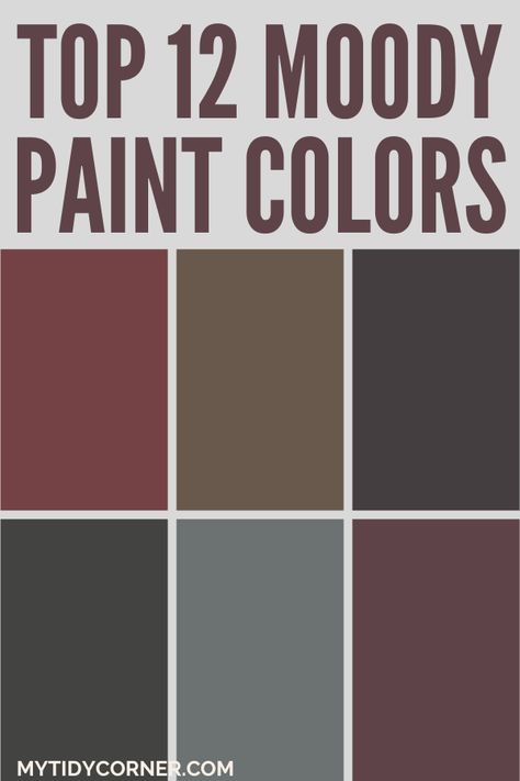 Collage of the top moody paint colors for your next home painting project. Sweet Molasses Behr Paint, Moody Living Room Painted Ceiling, Paint Colors That Go With Rust Color, Moody Nursery Paint Colors, Best Earthy Paint Colors, Sherwin Williams Fine Wine, Moody Mauve Living Room, Moody Color Palette Sherwin Williams, Plum Paint Colors Living Room