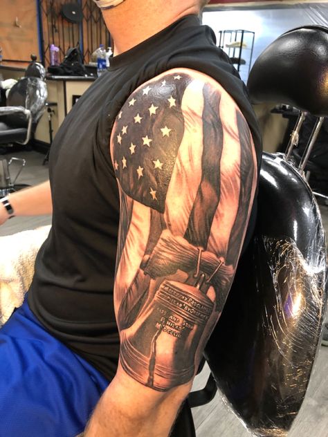 Flag Sleeve Tattoo, American Flag Sleeve Tattoos For Guys, Patriotic Tattoos Sleeve For Men, Liberty Bell Tattoo Design, Liberty Bell Tattoo, Black And Grey American Flag Tattoo, Patriotic Sleeve Tattoos For Guys, Patriotic Tattoos Sleeve, Patriotic Mens Tatoos