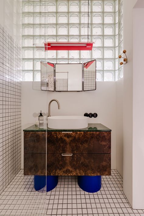 Photography © ONI Studio. Accents Walls, Bathroom Terrazzo, Pink Terrazzo, Walnut Burl, Statement Furniture, Green Flooring, Single Bedroom, Custom Vanity, Glass Blocks