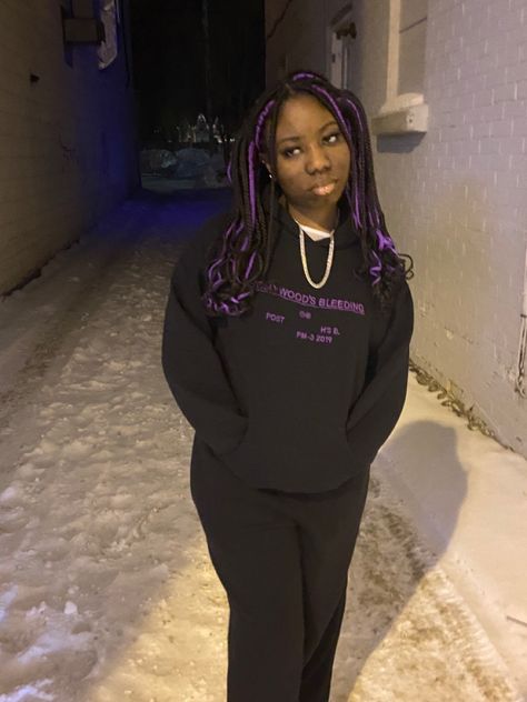 Braids With Purple Hair, Box Braids Hairstyles Purple, Black And Purple Goddess Braids, Purple Braid Hairstyles, Anime Box Braids, Black And Purple Braids With Curls, Purple Braids With Curls, Purple And Black Braids Hairstyles, Different Types Of Braids Black Women