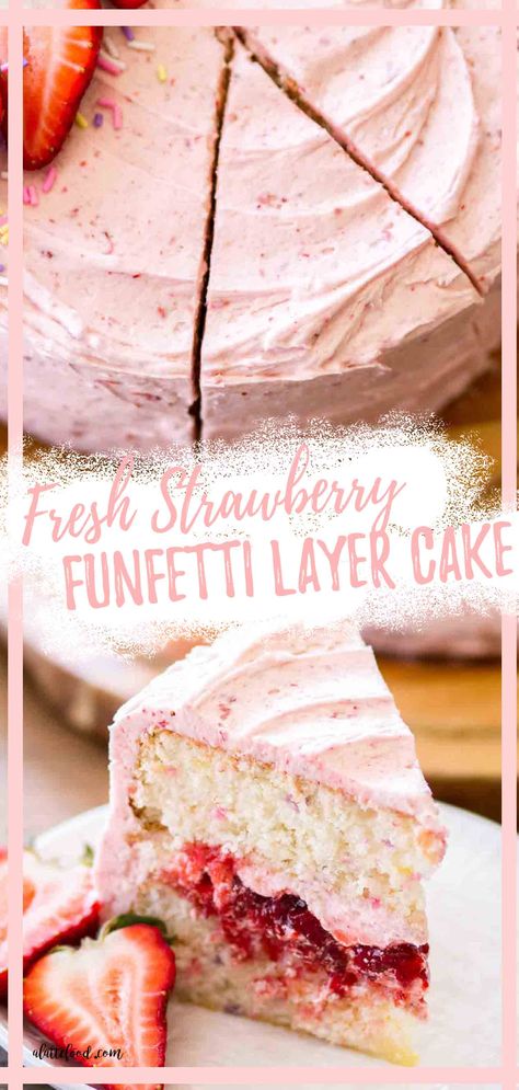 strawberry frosted strawberry funfetti cake collage Strawberry Funfetti Cake, Cake Recipe Strawberry, Easy Birthday Cake Recipes, Cake With Sprinkles, Easy Birthday Cake, Strawberry Cake Filling, Dessert Birthday, Birthday Cake Recipes, Recipe Strawberry