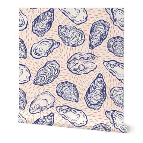 Playful Oyster Harvesting Line Work in Wallpaper | Spoonflower Oyster Shell Wallpaper, Oyster Wallpaper, Shell Wallpaper, Farm Aesthetic, Bay House, Line Work, Oyster Shell, Coral Blue, In Wallpaper