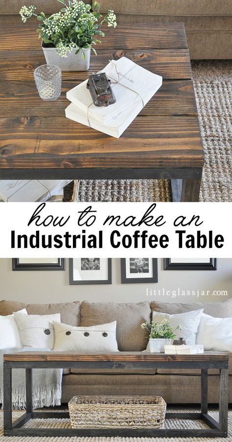 Tutorial to make this DIY Industrial Coffee Table via littleglassjar.com Industrial Diy Decoration Ideas, Industrial Coffee Tables, Diy Industrial Home Decor, Cafe Industrial, Industrial Home Design, Industrial Coffee, Industrial Interior Design, Industrial Coffee Table, Industrial Table