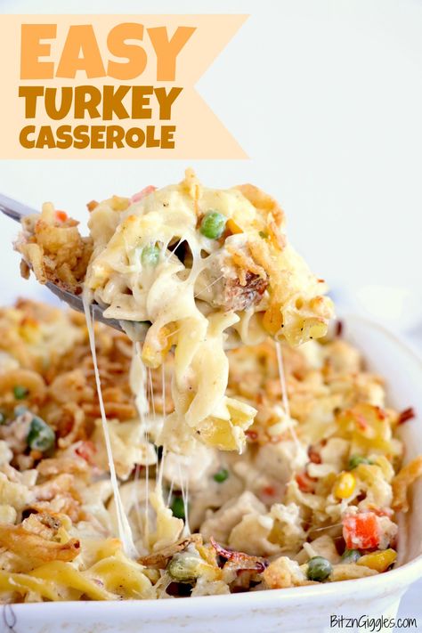 Easy Turkey Casserole - A cheesy casserole filled with turkey and vegetables and topped with crunchy, French fried onions! #bitzngiggles #turkey #leftoverturkey #Thanksgiving #casserole Easy Dinner Recipes With Turkey Meat, Crockpot Recipes With Turkey, Leftover Fried Turkey Recipes, Turkey Meat Casserole Recipes, Cheesy Turkey Casserole, Cheesy Turkey Burger Casserole, Turkey Casserole Recipes Easy, Leftover Turkey Recipes Easy Casserole, Turkey Burger Casserole