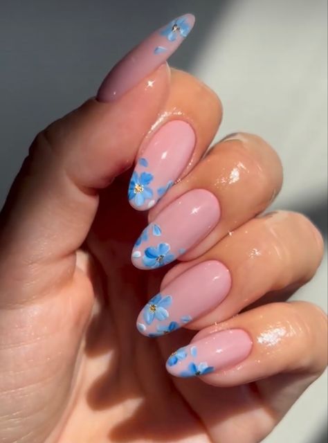 blue, flowers, nails, tips, LCN, acrylic, gel, nude Nails Flower Tips, Blue Floral Nail Art, Blue Floral Nails Acrylic, Blue Flower Tip Nails, Flower Nail Tips, Blue Flower Gel Nails, Blue Flowers On Nails, Gel Manicure Flower Designs, Engagement Nails Floral