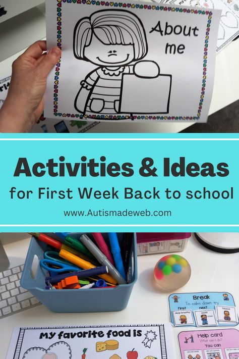 Ideas for fun and engaging activities for the first week back to School. Sped Back To School Activities, First Week Activities, Ideas For Fun, Back To School Special, About Me Activities, Special Education Activities, First Week Of School, Teaching Special Education, First Day Of School Activities