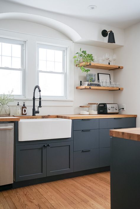 Kitchen Sink Open Shelving, Open Shelving In The Kitchen Window, Kitchen Upper Shelves, Open Shelf Kitchen, Kitchen Open Shelves, One Wall Kitchen, Dreamy Kitchens, Western Rooms, Barn Kitchen